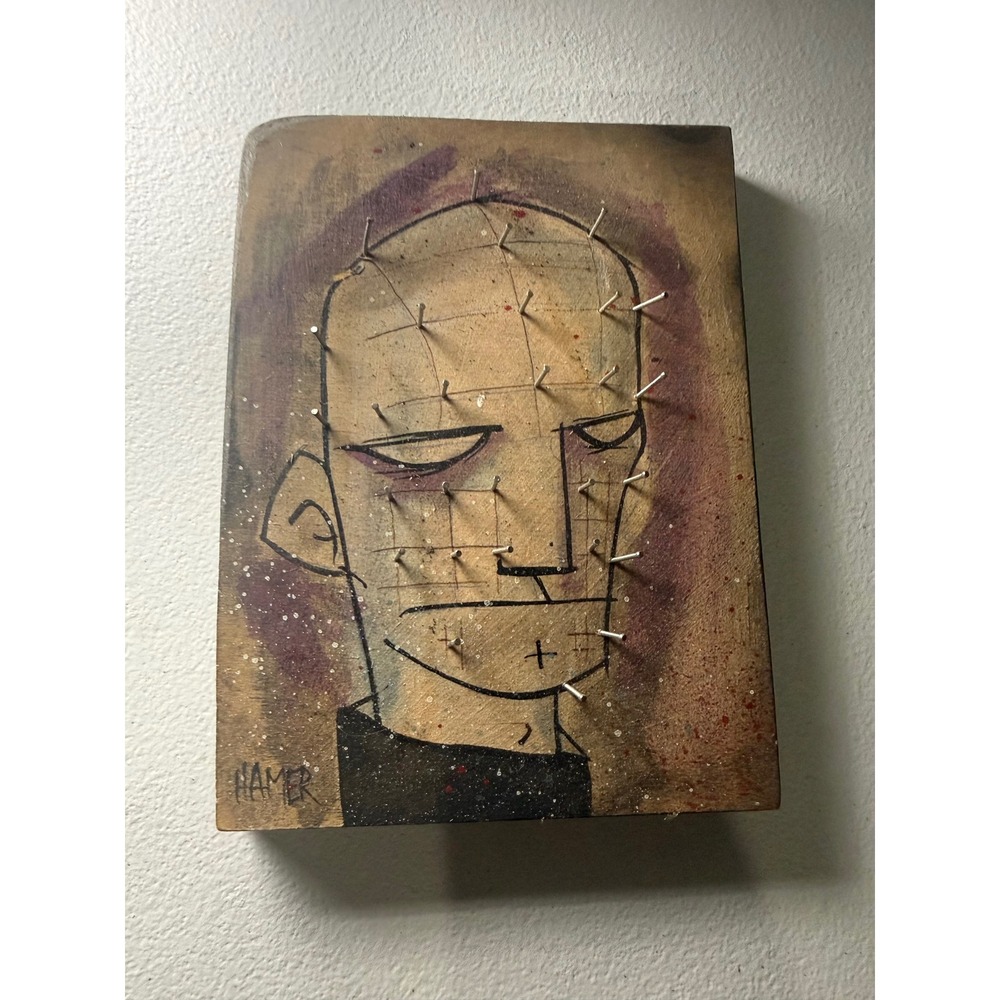 Hamer Original Pinhead Hellraiser Mixed Media Wood Block Art Horror Folk Paintin